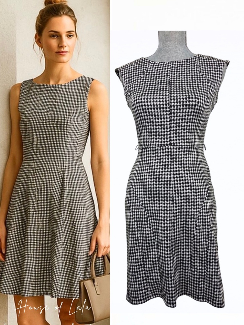 Fit and Flare Houndstooth tailored Dress. Workwear Classic Dress. Black & White